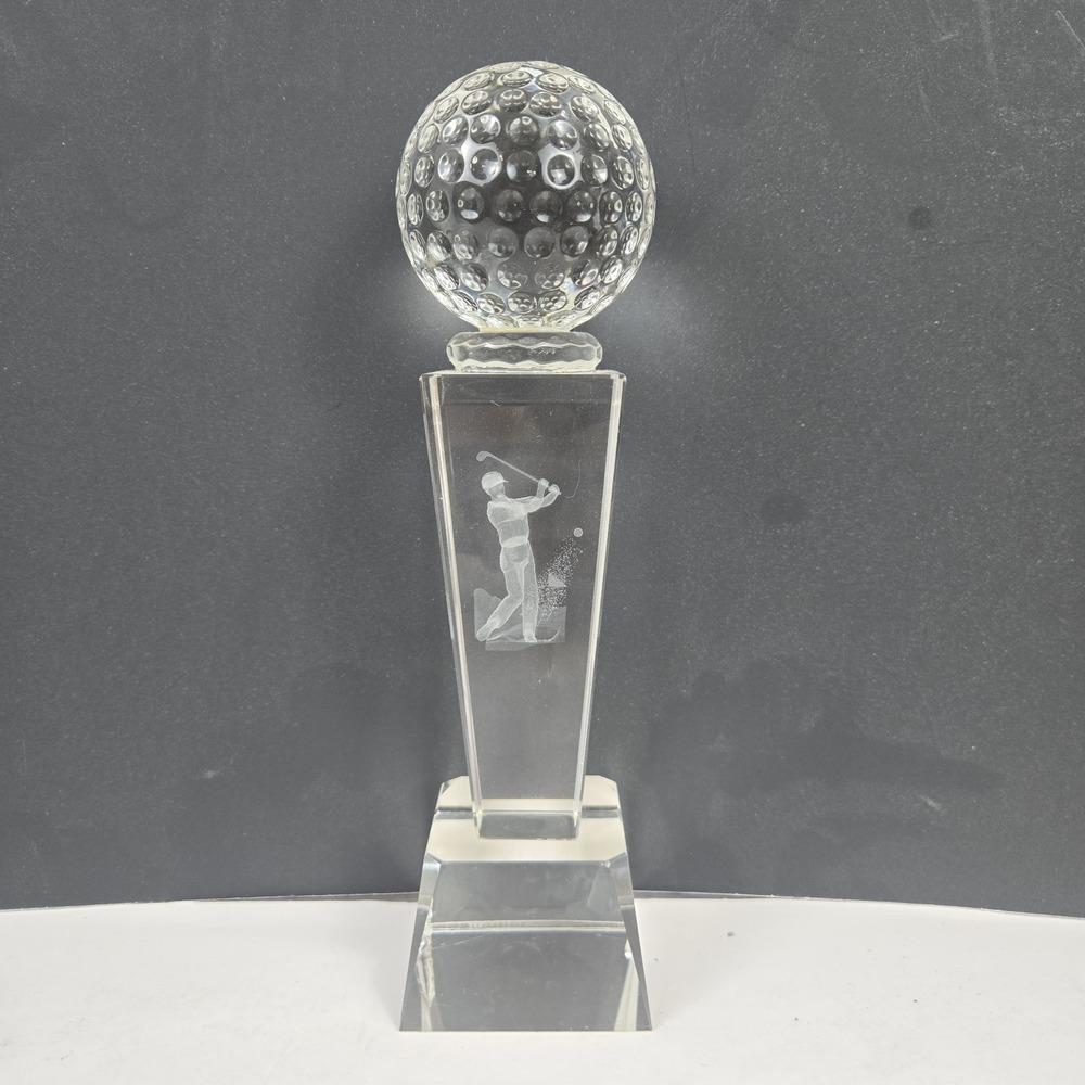 Clear Crystal 8.5" Inner 3D Laser Etched Golfer Trophy Paperweight w Flaws VIDEO